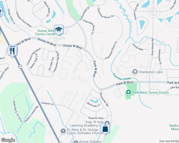 map of restaurants, bars, coffee shops, grocery stores, and more near 1346 Kingsford Lane in Mount Pleasant