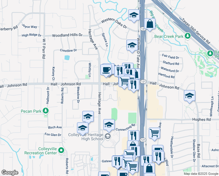 map of restaurants, bars, coffee shops, grocery stores, and more near 2551 Hall Johnson Rd in Grapevine