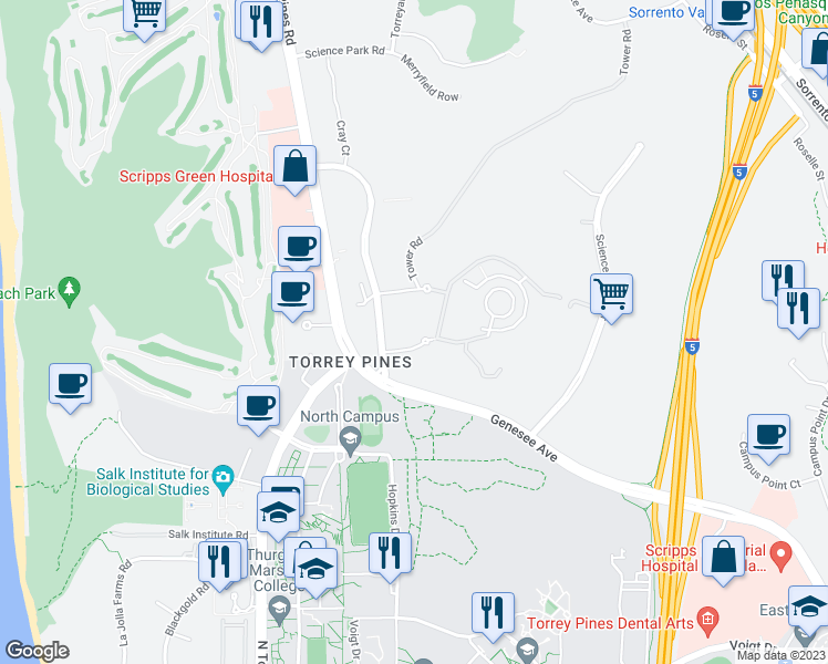 map of restaurants, bars, coffee shops, grocery stores, and more near 3550 John Hopkins Court in San Diego