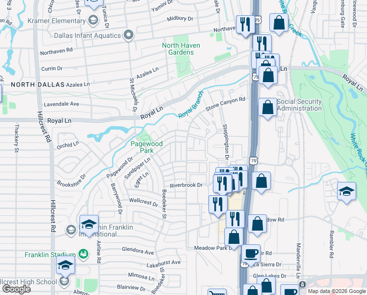 map of restaurants, bars, coffee shops, grocery stores, and more near 10811 Sandpiper Lane in Dallas