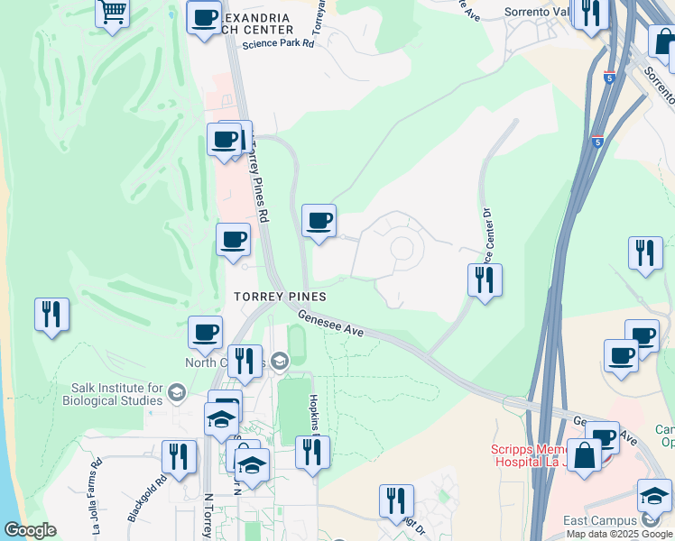 map of restaurants, bars, coffee shops, grocery stores, and more near 3565 General Atomics Court in San Diego
