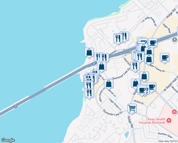 map of restaurants, bars, coffee shops, grocery stores, and more near 295 Interstate 30 in Rockwall