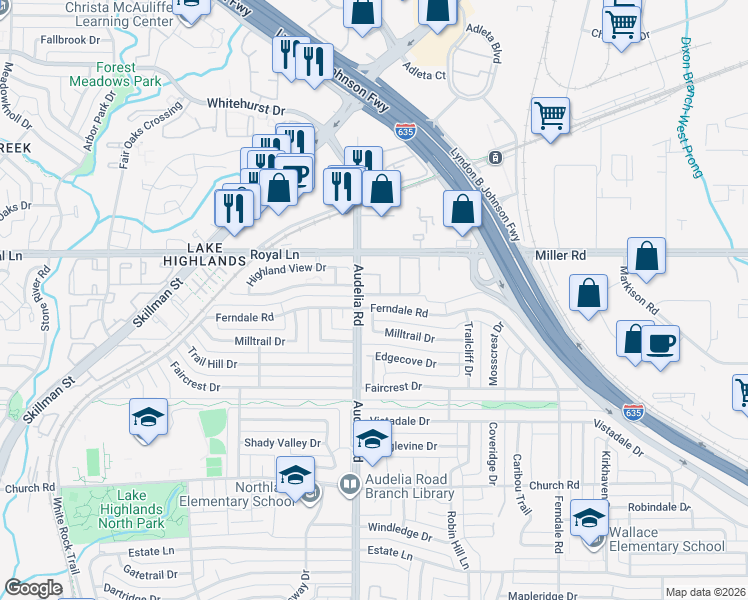 map of restaurants, bars, coffee shops, grocery stores, and more near 9815 Dibsworth Lane in Dallas