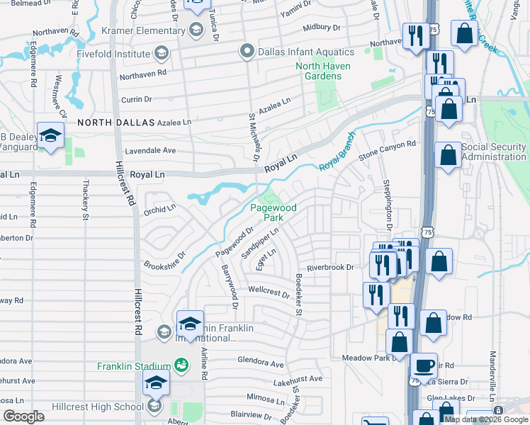 map of restaurants, bars, coffee shops, grocery stores, and more near 10700 Boedeker Street in Dallas