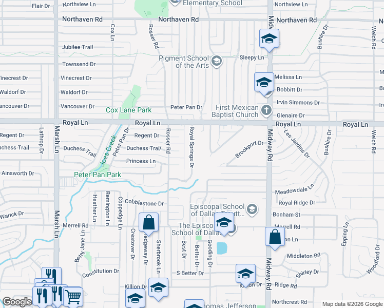 map of restaurants, bars, coffee shops, grocery stores, and more near 10714 Royal Springs Drive in Dallas