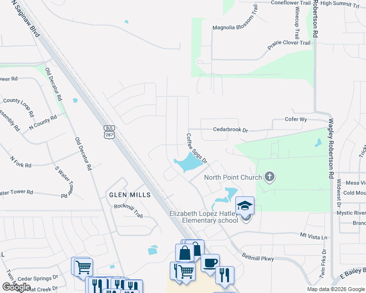 map of restaurants, bars, coffee shops, grocery stores, and more near 8637 Wagley Robertson Road in Fort Worth