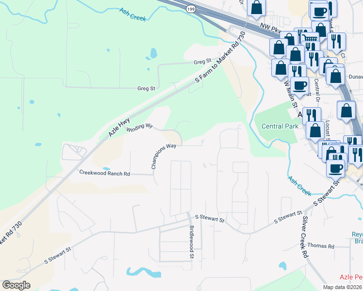 map of restaurants, bars, coffee shops, grocery stores, and more near Champions Way in Azle