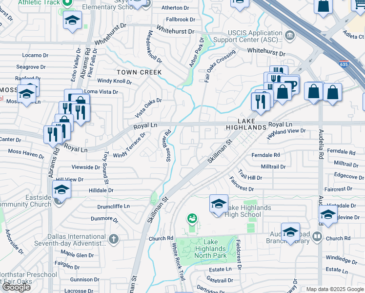 map of restaurants, bars, coffee shops, grocery stores, and more near 8201 Fair Oaks Crossing in Dallas