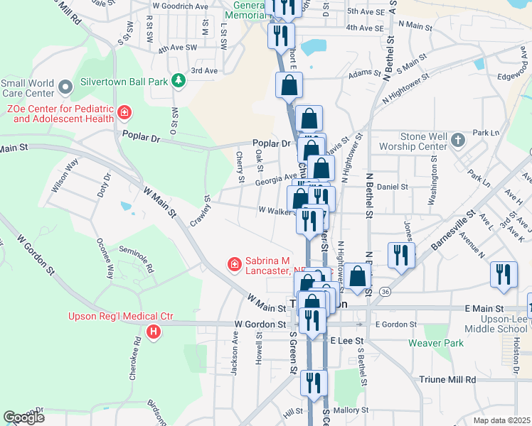 map of restaurants, bars, coffee shops, grocery stores, and more near 303 West Walker Street in Thomaston