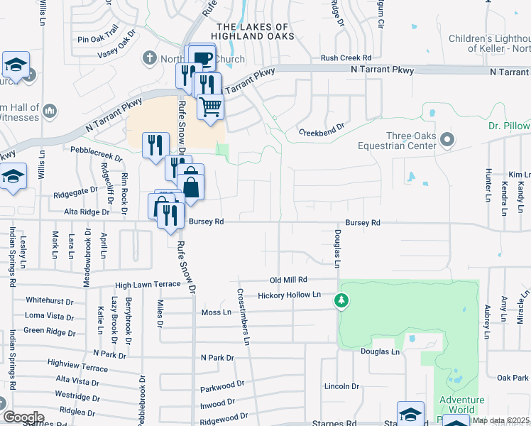 map of restaurants, bars, coffee shops, grocery stores, and more near 2111 Alma Drive in Keller