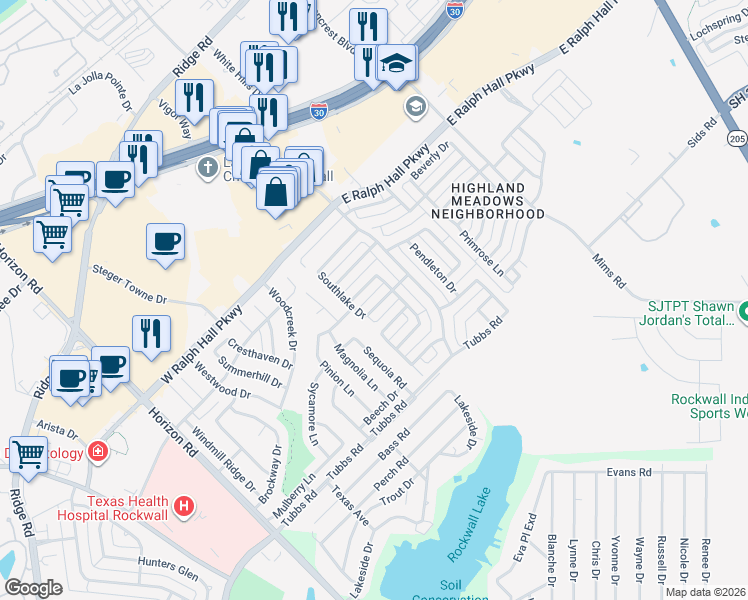map of restaurants, bars, coffee shops, grocery stores, and more near 125 Berkley Drive in Rockwall