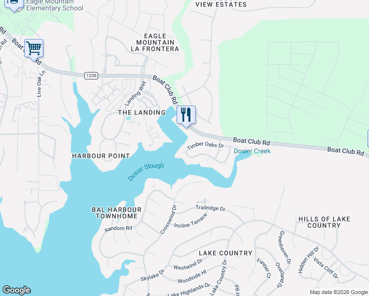 map of restaurants, bars, coffee shops, grocery stores, and more near 9313 Boat Club Road in Fort Worth