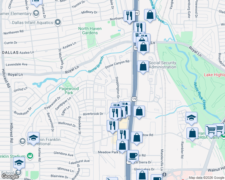 map of restaurants, bars, coffee shops, grocery stores, and more near 10651 Steppington Drive in Dallas