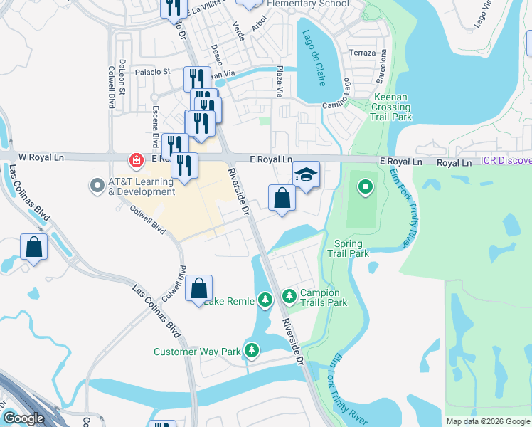 map of restaurants, bars, coffee shops, grocery stores, and more near 515 Paddock way in Irving