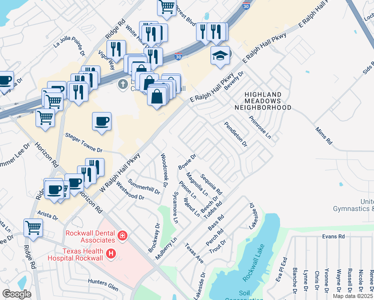 map of restaurants, bars, coffee shops, grocery stores, and more near 147 Southlake Drive in Rockwall