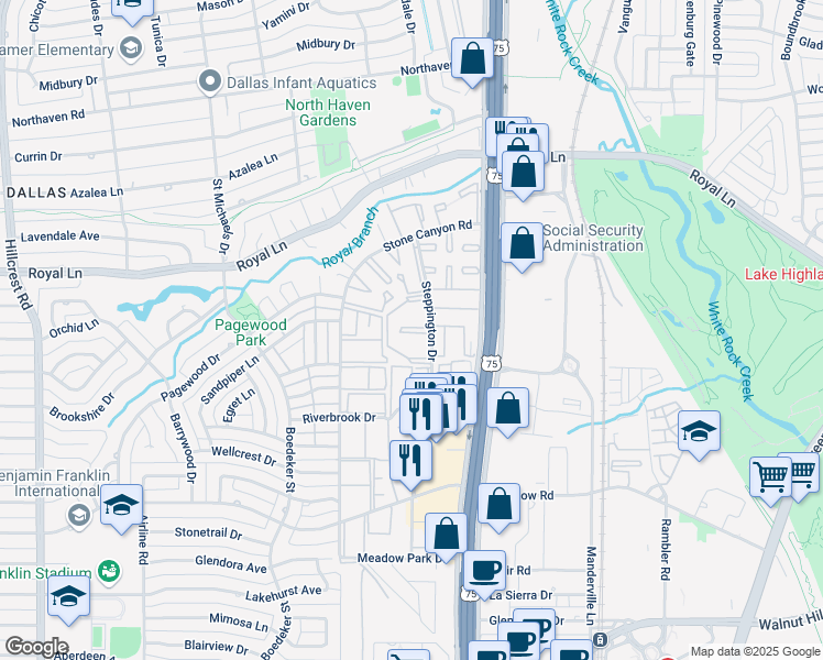 map of restaurants, bars, coffee shops, grocery stores, and more near 10651 Steppington Drive in Dallas