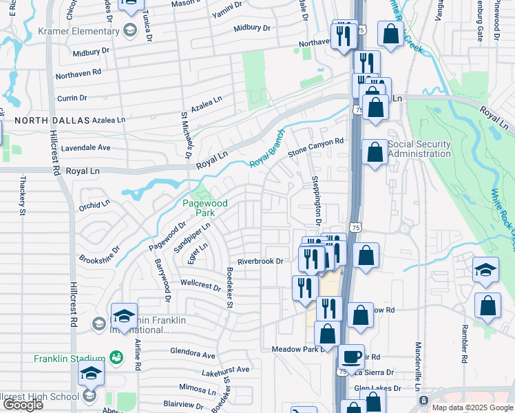 map of restaurants, bars, coffee shops, grocery stores, and more near 10811 Sandpiper Lane in Dallas
