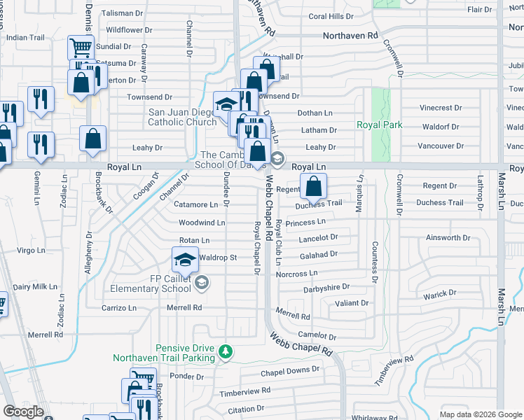 map of restaurants, bars, coffee shops, grocery stores, and more near 3233 Catamore Lane in Dallas