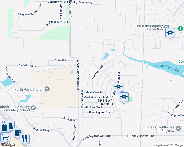 map of restaurants, bars, coffee shops, grocery stores, and more near 8353 Trickham Bend in Fort Worth