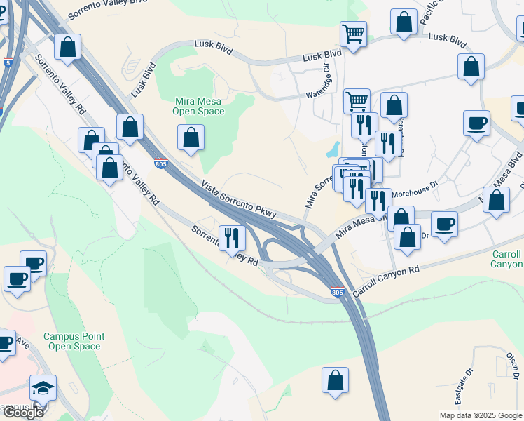 map of restaurants, bars, coffee shops, grocery stores, and more near 10385 Vista Sorrento Parkway in San Diego