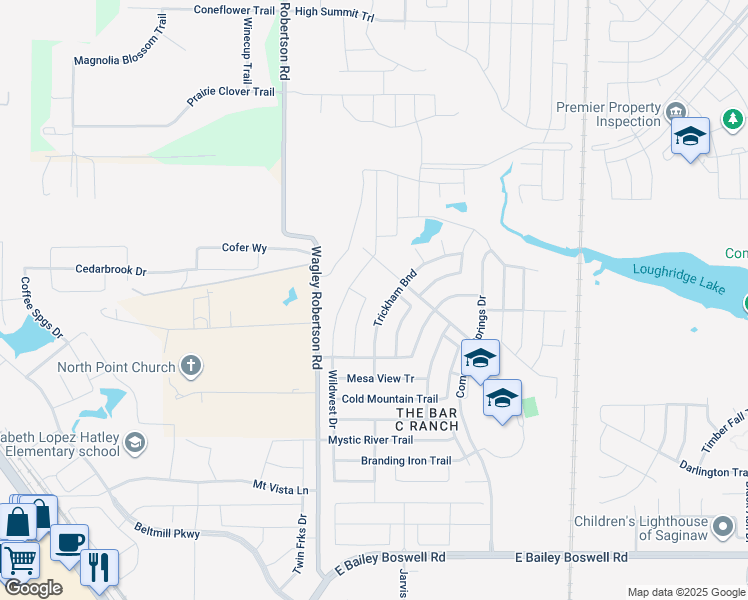 map of restaurants, bars, coffee shops, grocery stores, and more near 8353 Trickham Bend in Fort Worth