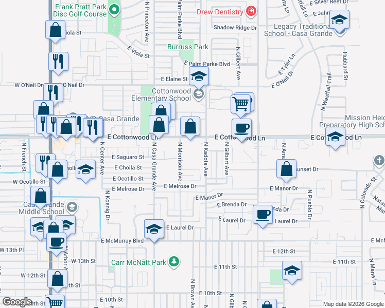 map of restaurants, bars, coffee shops, grocery stores, and more near 1564 North Morrison Avenue in Casa Grande