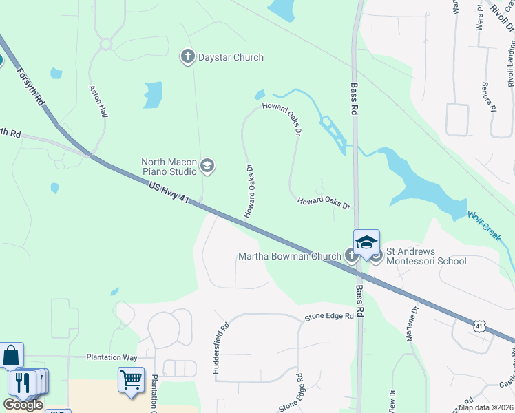 map of restaurants, bars, coffee shops, grocery stores, and more near 105 Howard Oaks Drive in Macon