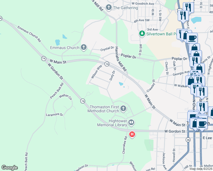 map of restaurants, bars, coffee shops, grocery stores, and more near 101 Reeves Terrace in Thomaston