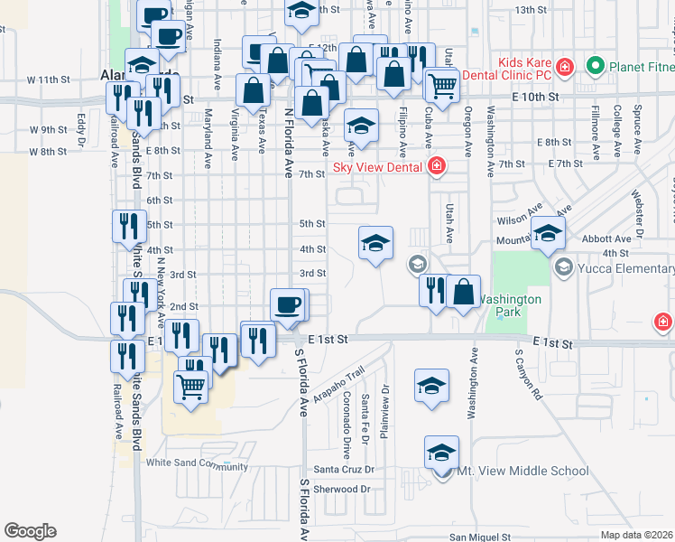 map of restaurants, bars, coffee shops, grocery stores, and more near 300 Alaska Avenue in Alamogordo