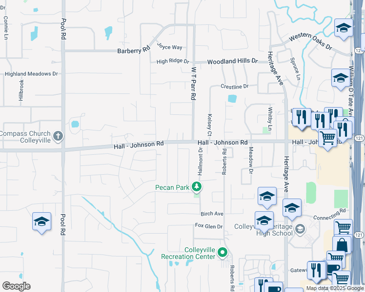 map of restaurants, bars, coffee shops, grocery stores, and more near 3222 Mapleridge Drive in Grapevine