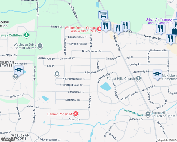 map of restaurants, bars, coffee shops, grocery stores, and more near 1400 Marlowe Drive in Macon