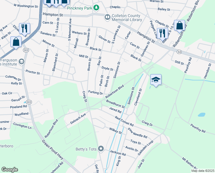 map of restaurants, bars, coffee shops, grocery stores, and more near 119 Birch Street in Walterboro