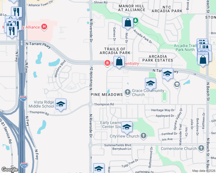 map of restaurants, bars, coffee shops, grocery stores, and more near 8321 Spruce Meadows Drive in Fort Worth