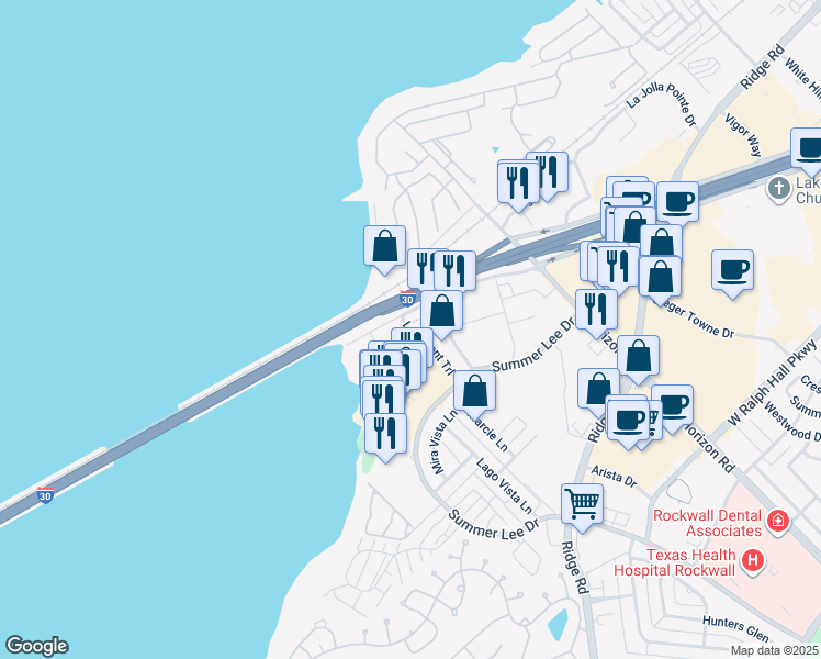 map of restaurants, bars, coffee shops, grocery stores, and more near 303 Interstate 30 Frontage Road in Rockwall