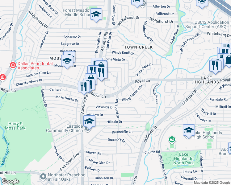 map of restaurants, bars, coffee shops, grocery stores, and more near 9621 Moss Farm Lane in Dallas
