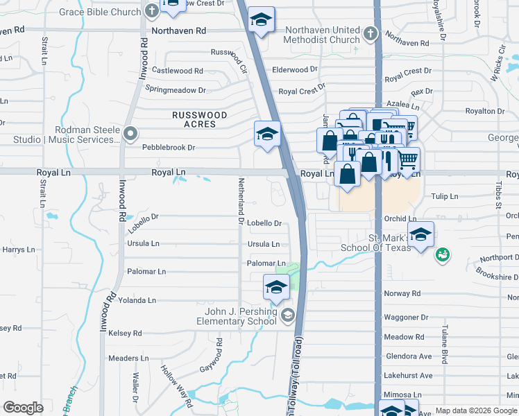 map of restaurants, bars, coffee shops, grocery stores, and more near 3 Netherland Court in Dallas