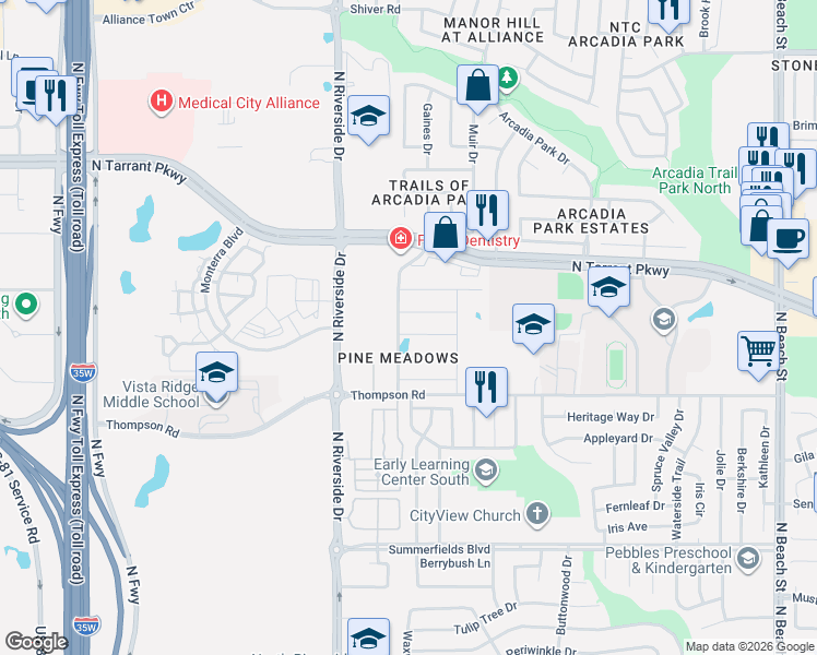 map of restaurants, bars, coffee shops, grocery stores, and more near 3725 Evergreen Ridge Road in Fort Worth