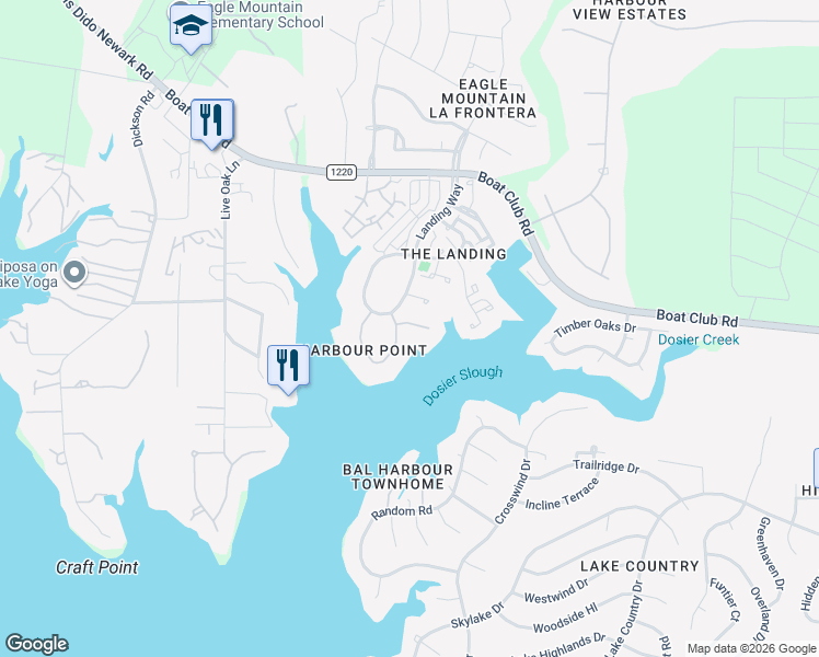 map of restaurants, bars, coffee shops, grocery stores, and more near 8501 Landing Way Court in Fort Worth