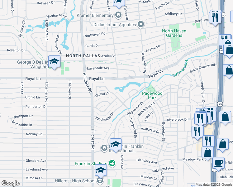 map of restaurants, bars, coffee shops, grocery stores, and more near 7027 Orchid Lane in Dallas