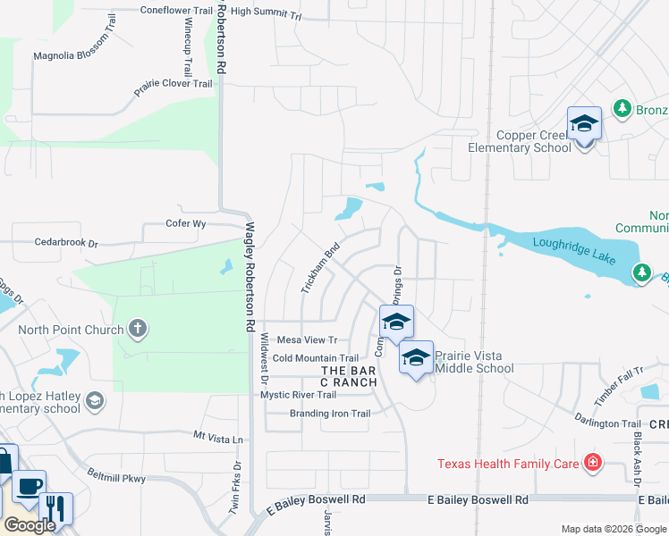 map of restaurants, bars, coffee shops, grocery stores, and more near 8408 Indian Bluff Trail in Fort Worth