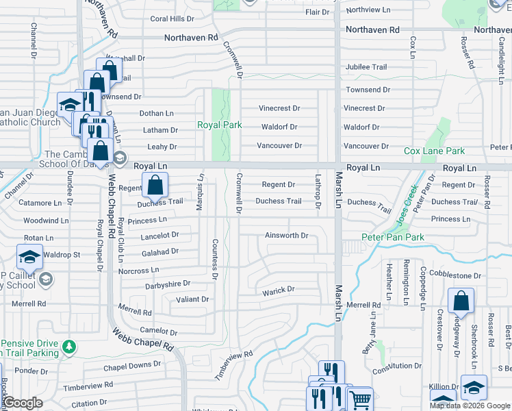 map of restaurants, bars, coffee shops, grocery stores, and more near 3527 Duchess Trail in Dallas