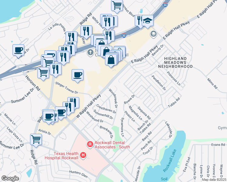 map of restaurants, bars, coffee shops, grocery stores, and more near 202 Woodcreek Drive in Rockwall