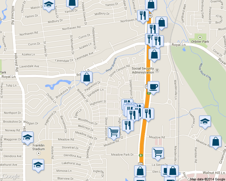 map of restaurants, bars, coffee shops, grocery stores, and more near 10702 Stone Canyon Road in Dallas