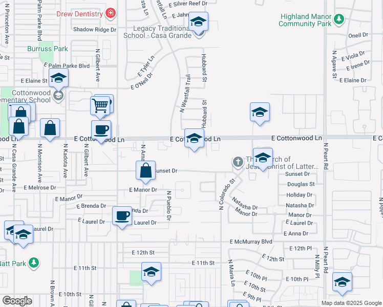 map of restaurants, bars, coffee shops, grocery stores, and more near 799 North Pinal Avenue in Casa Grande