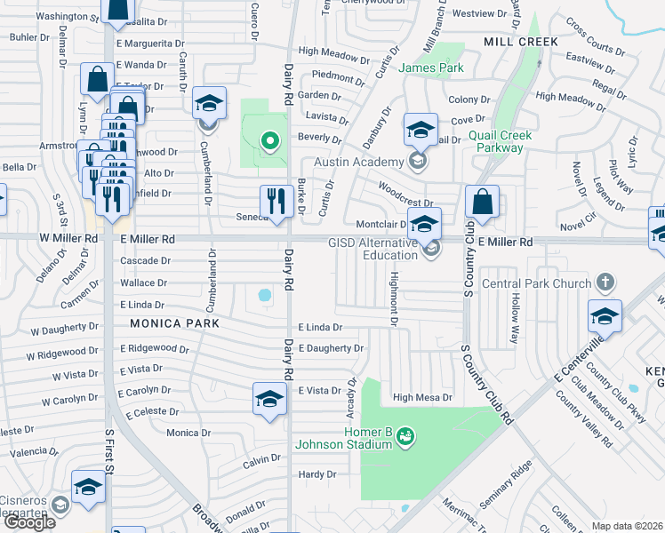map of restaurants, bars, coffee shops, grocery stores, and more near 2014 Highwood Drive in Garland