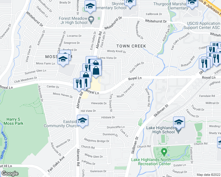 map of restaurants, bars, coffee shops, grocery stores, and more near 9621 Moss Farm Lane in Dallas