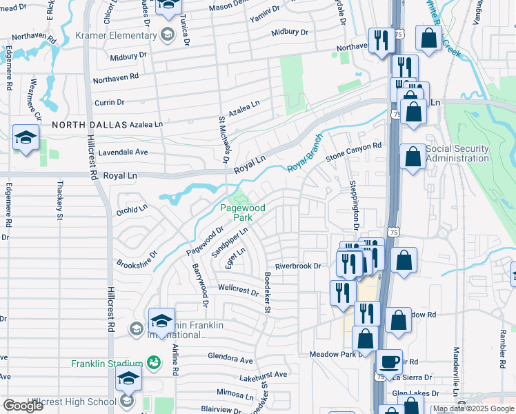 map of restaurants, bars, coffee shops, grocery stores, and more near 10738 Pagewood Drive in Dallas