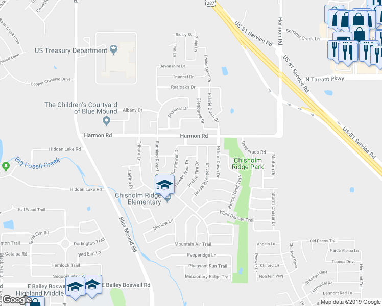 map of restaurants, bars, coffee shops, grocery stores, and more near 1320 Cattle Crossing Drive in Fort Worth