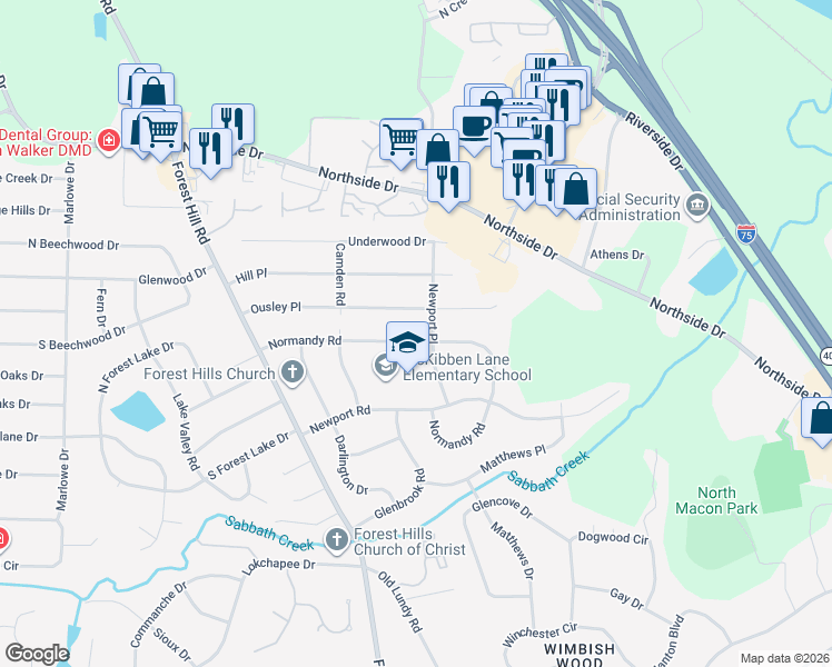 map of restaurants, bars, coffee shops, grocery stores, and more near 1071 Ousley Place in Macon