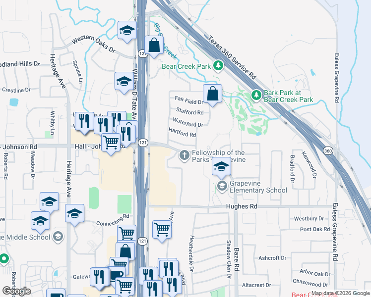 map of restaurants, bars, coffee shops, grocery stores, and more near 1904 New Haven Road in Grapevine